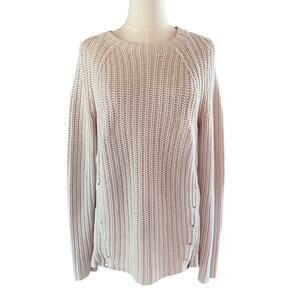 Beige Knit Sweater Medium Women Ribbed Cotton Pullover Minimalist Cozy Chic